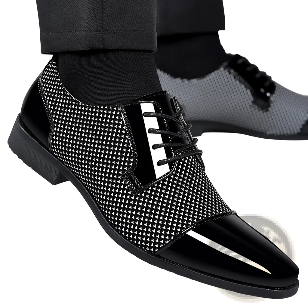 Navy blue patent leather oxford dress shoe with black and white pattern and glossy toe cap accents