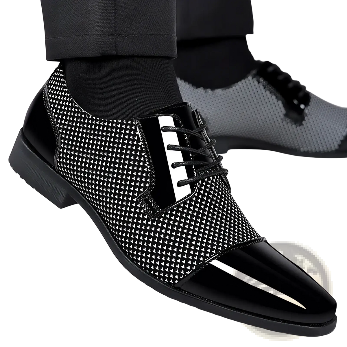 Navy blue patent leather oxford dress shoe with black and white pattern and glossy toe cap accents