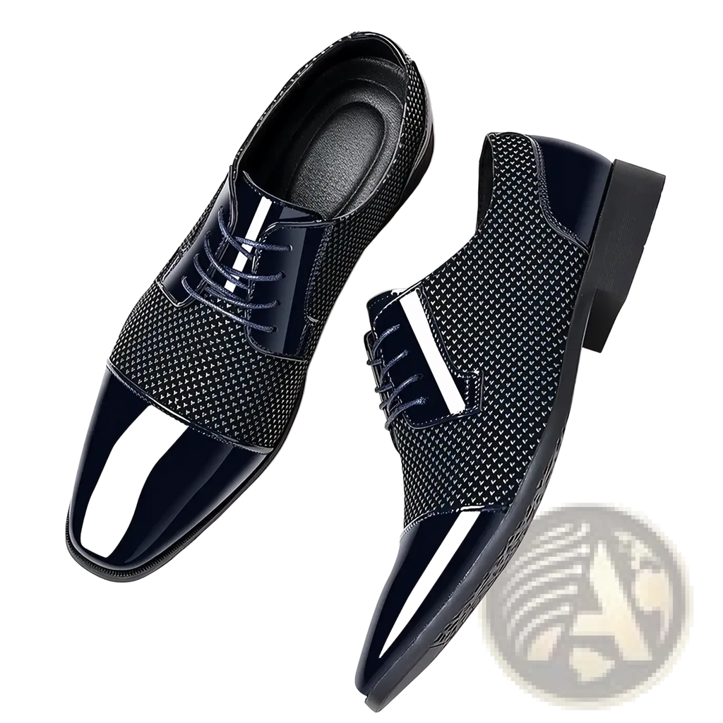 Navy blue patent leather oxford dress shoes with black and white color and textured mesh pattern on the sides