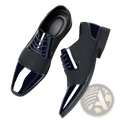 Navy blue patent leather oxford dress shoes with black and white color and textured mesh pattern on the sides