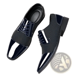 Navy blue patent leather oxford dress shoes with black and white color and textured mesh pattern on the sides