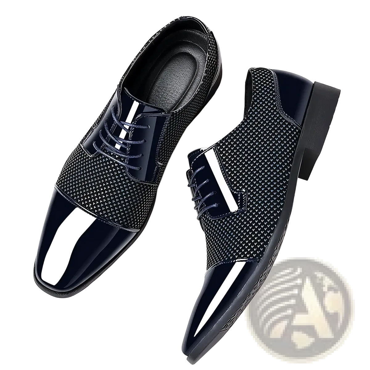 Navy blue patent leather oxford dress shoes with black and white color and textured mesh pattern on the sides