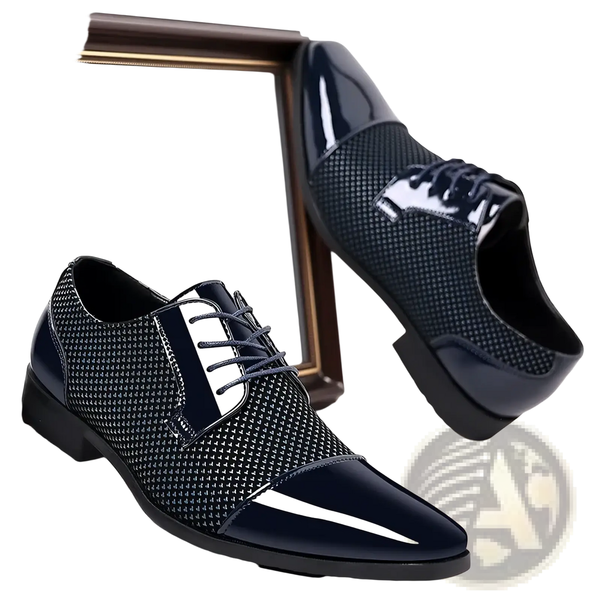 Navy blue patent leather oxford dress shoes with glossy toe cap and side panels and textured mesh upper