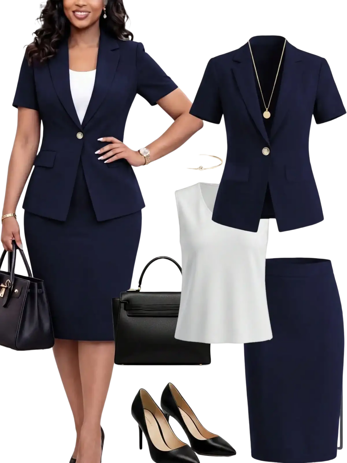 Navy blue short-sleeved blazer with single gold button and notched lapel from navy blue skirt suit set