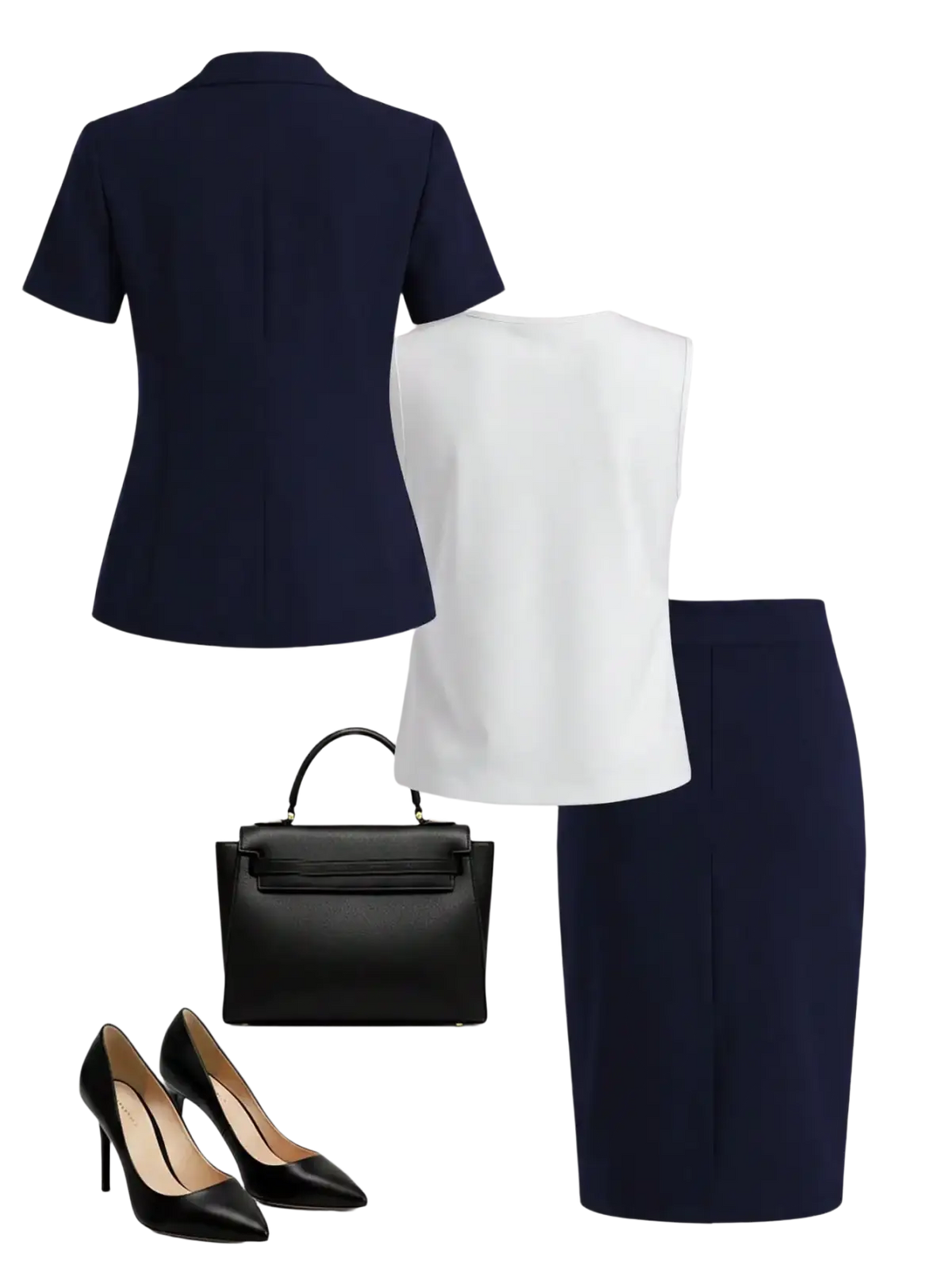 Navy blue short-sleeved tailored blazer with structured collar as part of a navy blue skirt suit set