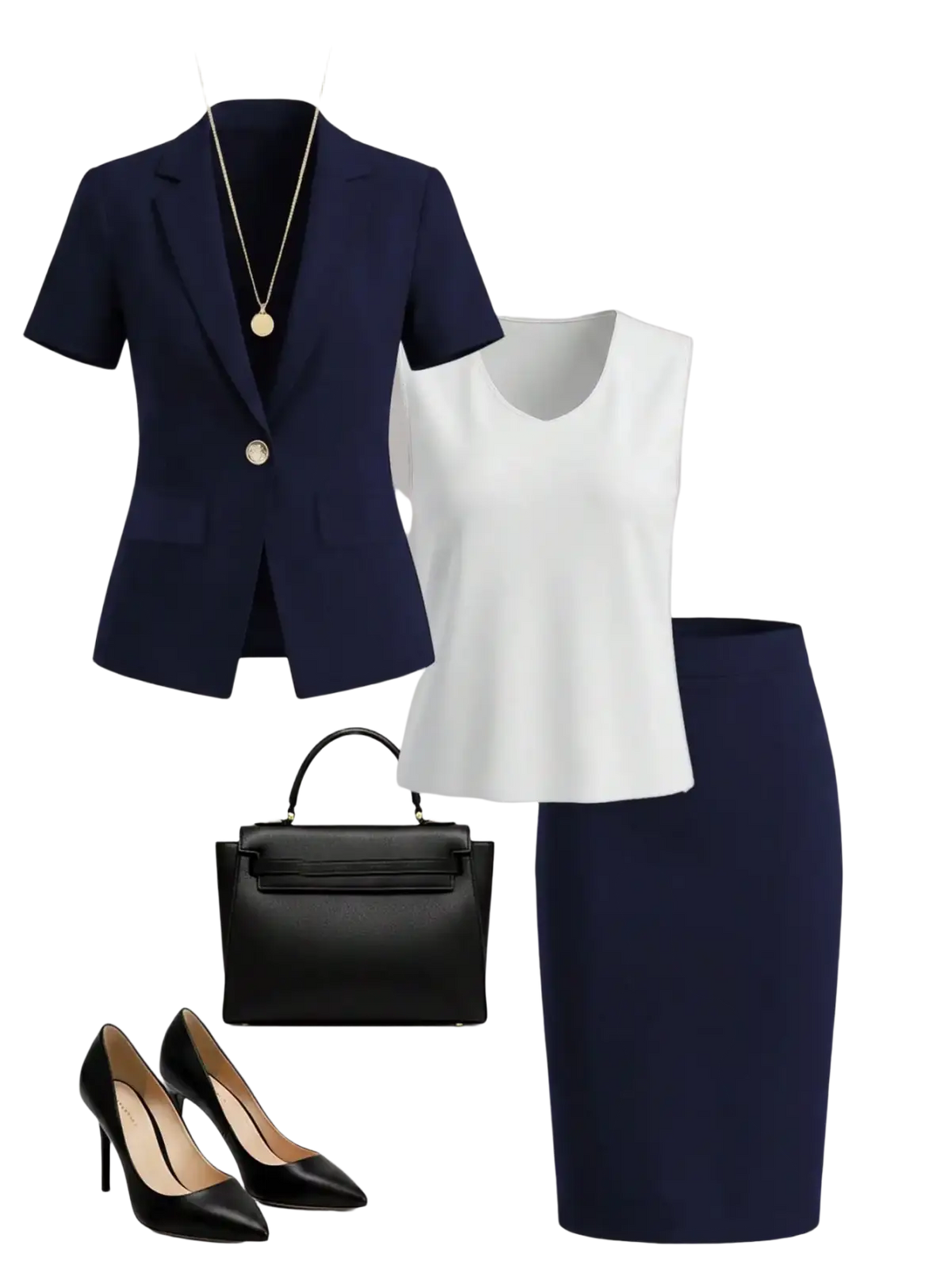 Navy blue short-sleeved blazer with single gold button and notched lapels from navy blue skirt suit set