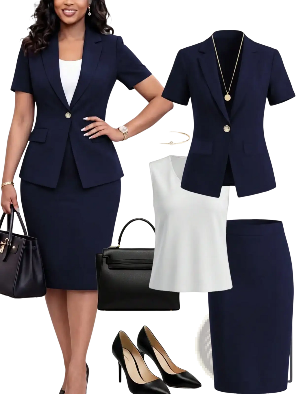 Navy blue short-sleeved blazer with single gold button and notched lapel from navy blue skirt suit set