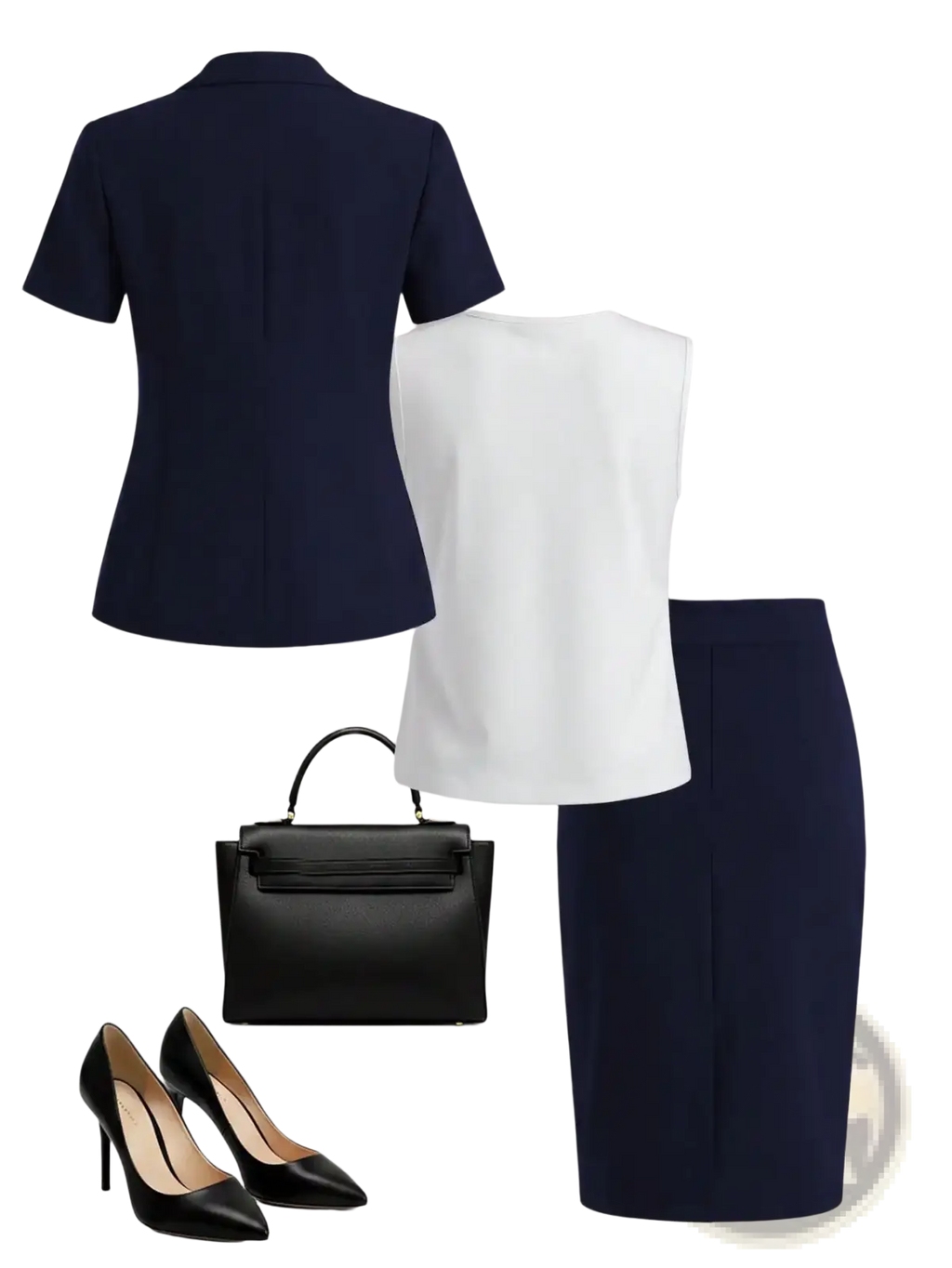 Navy blue short-sleeved tailored blazer with structured collar as part of a navy blue skirt suit set