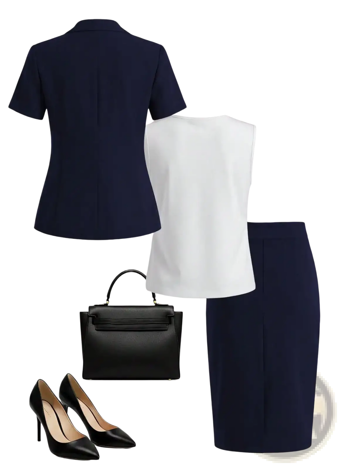 Navy blue short-sleeved tailored blazer with structured collar as part of a navy blue skirt suit set