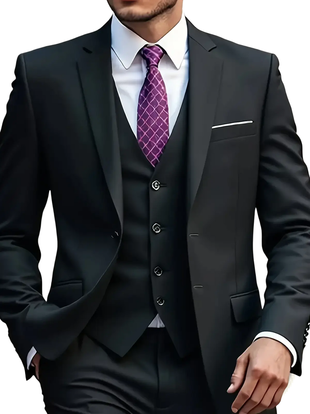 Navy blue slim fit business blazer paired with a black three-piece suit featuring silver button accents