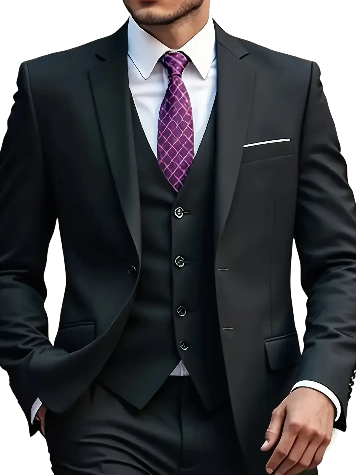 Navy blue slim fit business blazer paired with a black three-piece suit featuring silver button accents