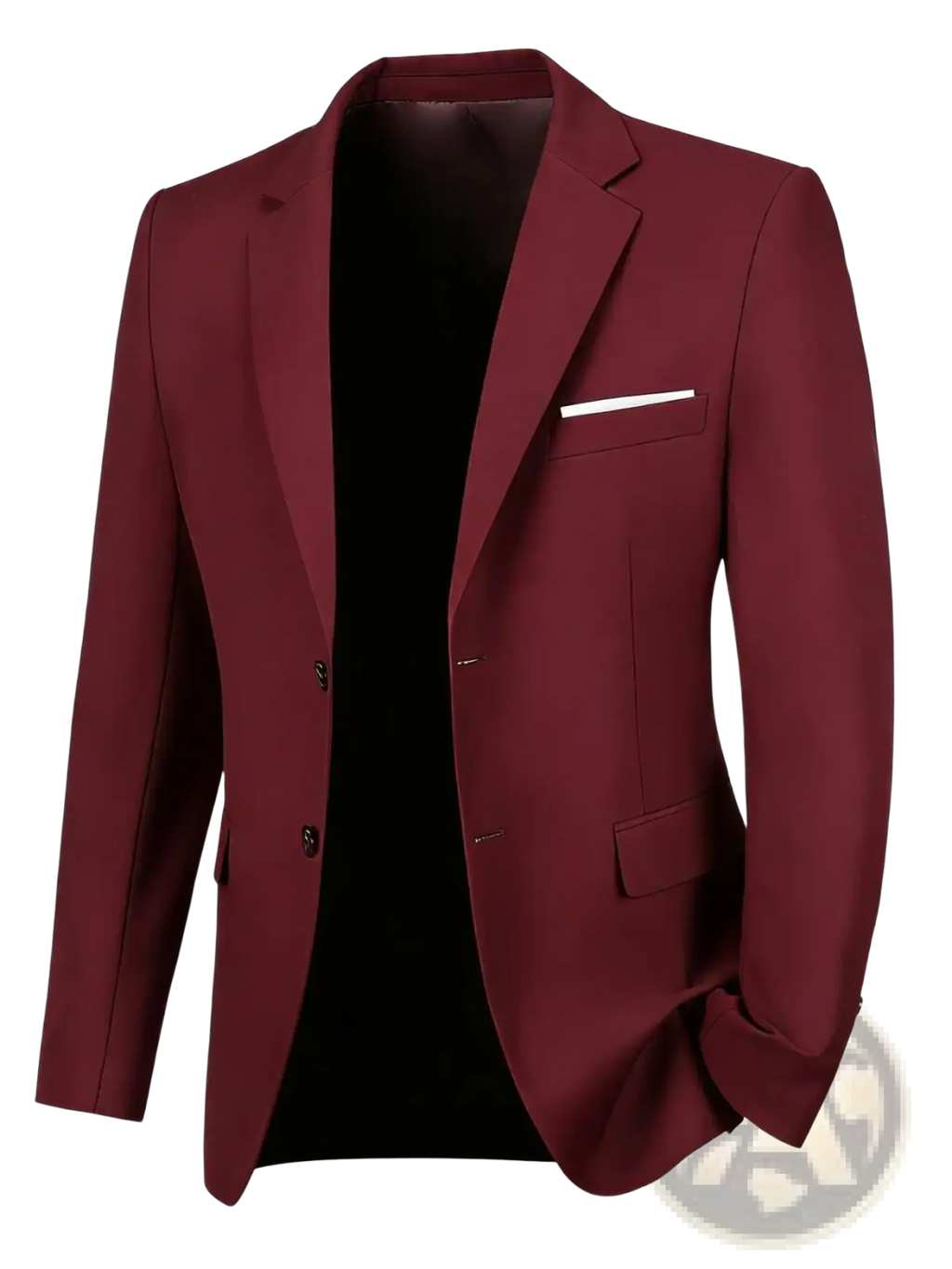 Navy blue slim fit business blazer with sleek maroon tailored fit, black buttons, and white pocket square
