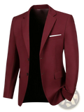 Navy blue slim fit business blazer with sleek maroon tailored fit, black buttons, and white pocket square