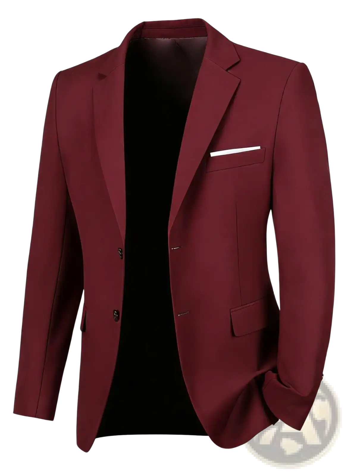Navy blue slim fit business blazer with sleek maroon tailored fit, black buttons, and white pocket square