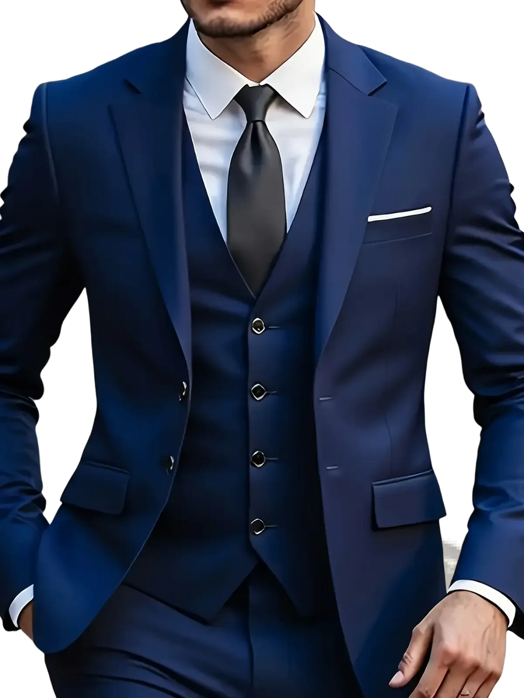 Navy blue slim fit business blazer with tailored fit and subtle sheen in a three-piece suit style