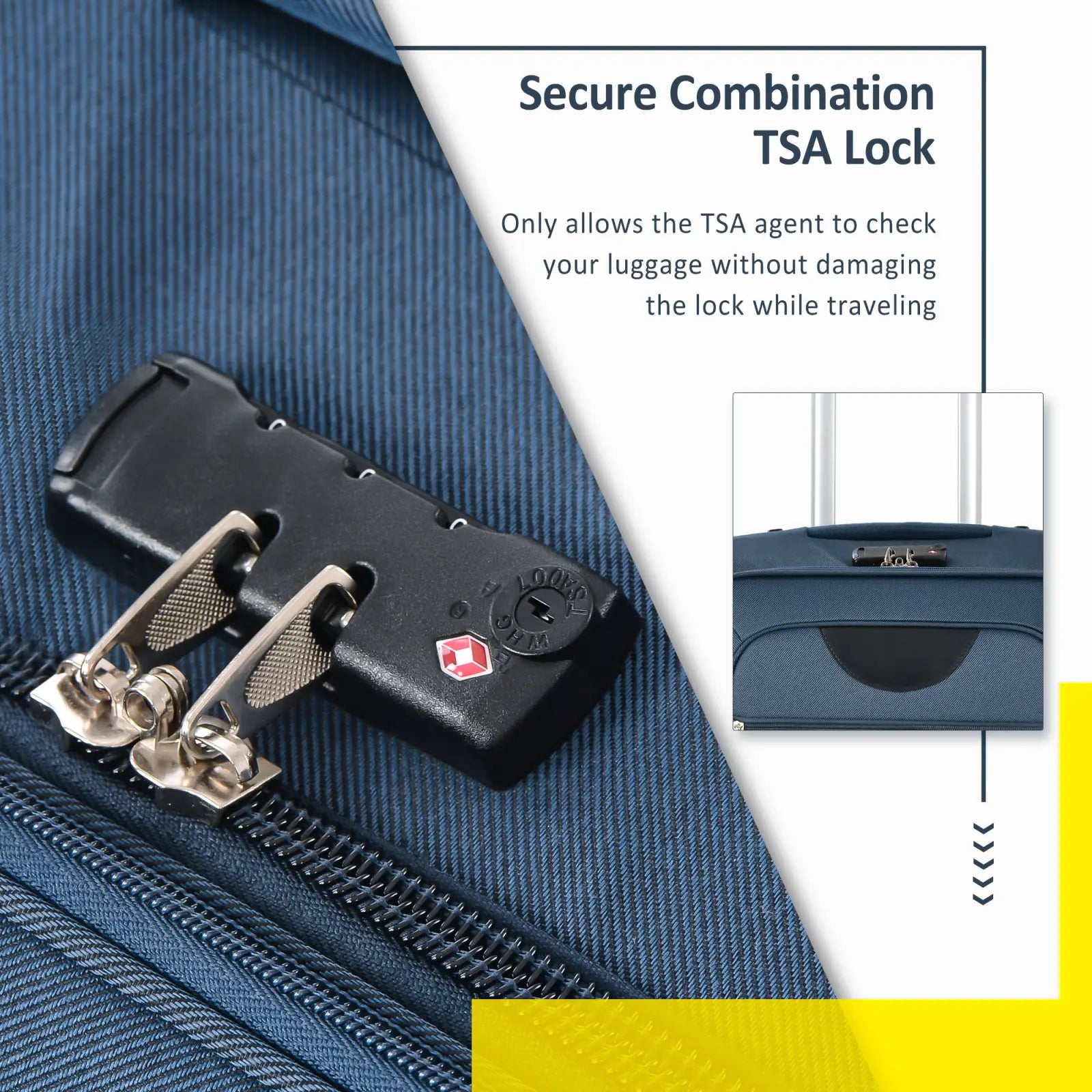 Black tsa combination lock with silver metal dials and red swiss cross emblem on navy blue softside spinner luggage set