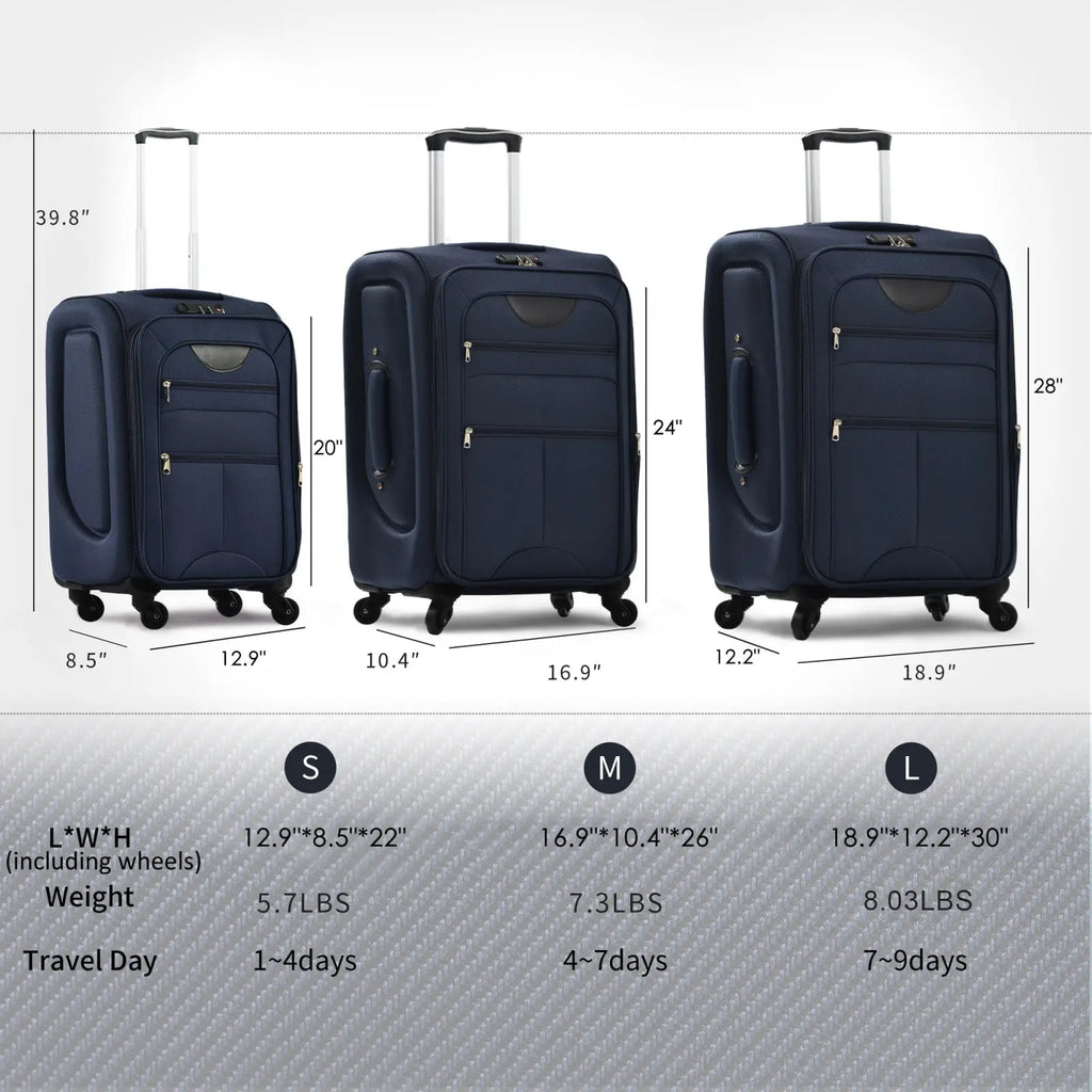 Set of three navy blue hard-shell suitcases in small medium and large sizes with black zippers and wheels