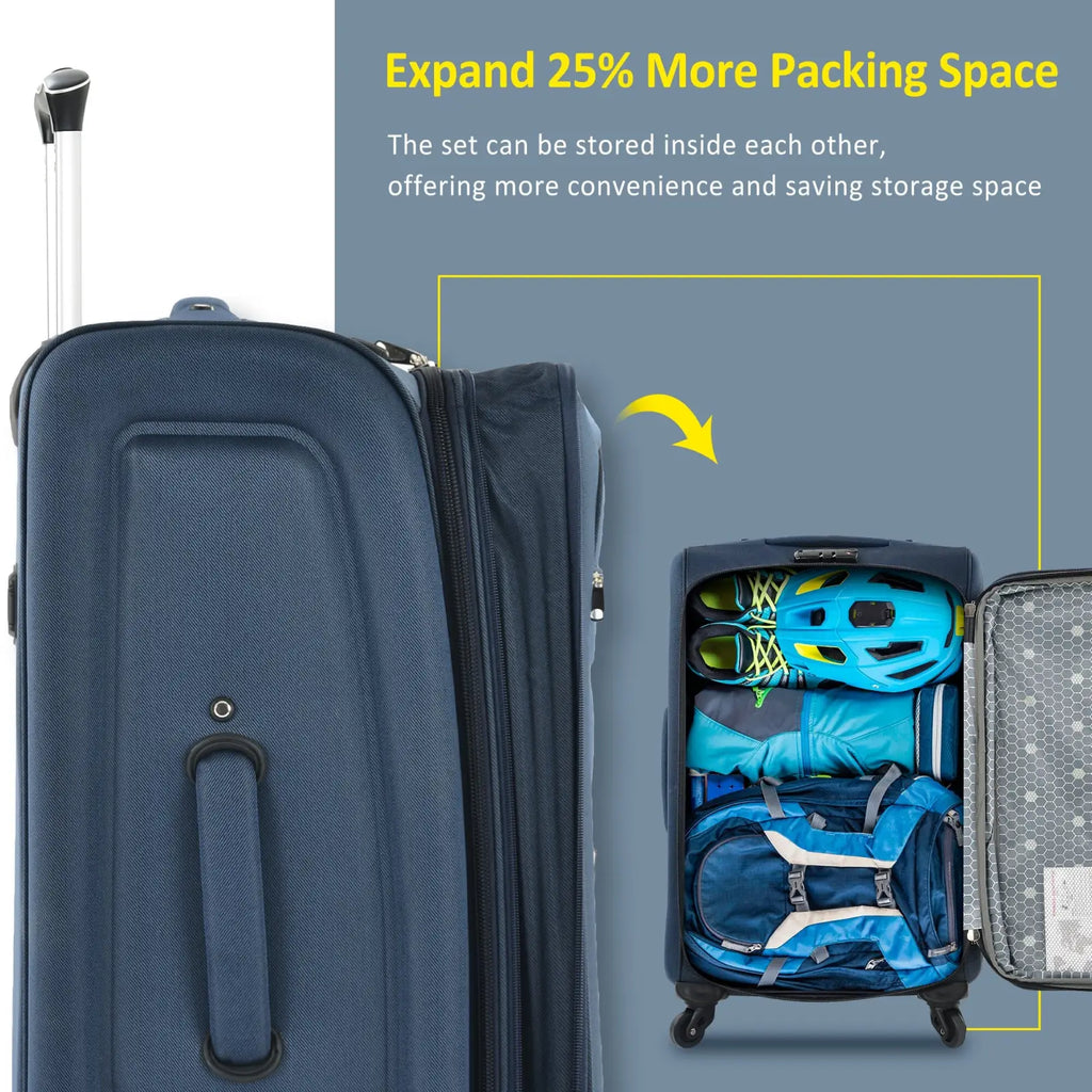 Navy blue softside expandable fabric suitcase with telescoping handle and wheels shown open displaying interior space