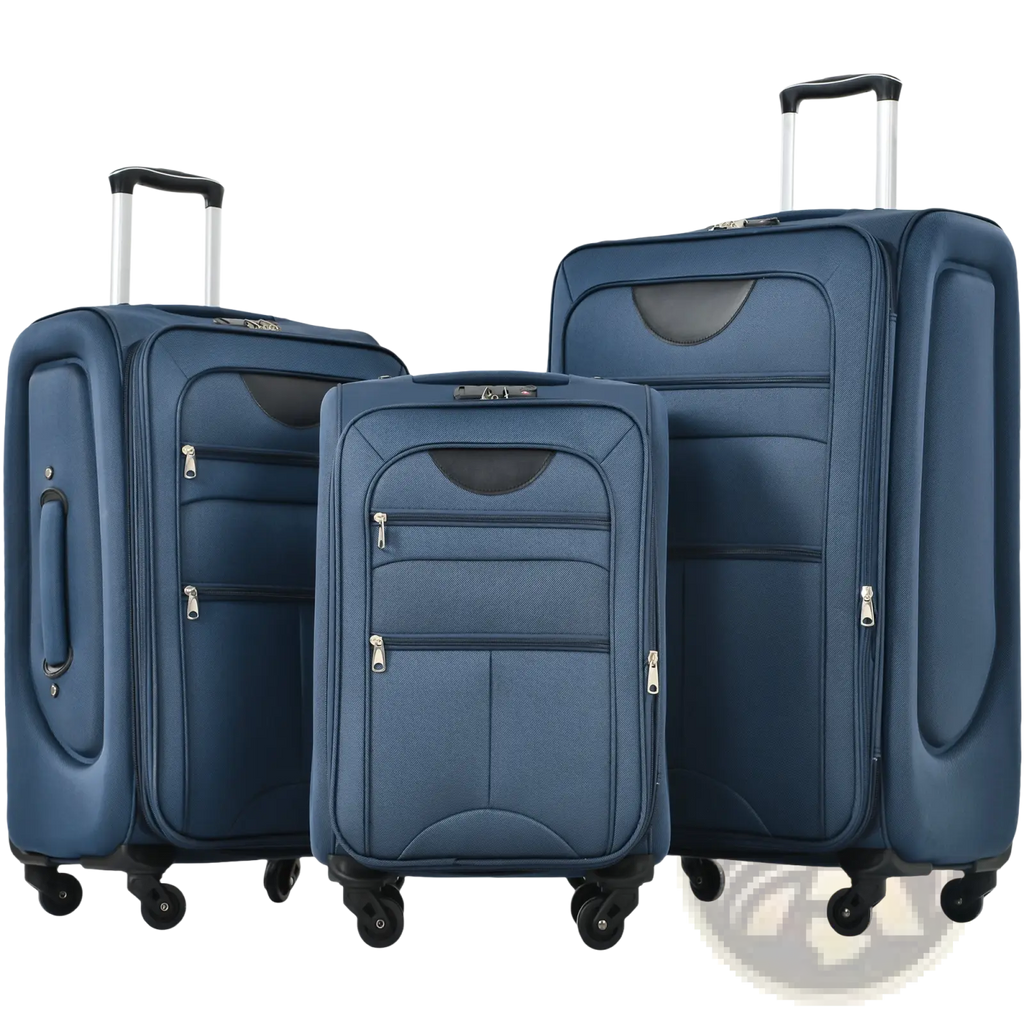 Set of three navy blue hard-shell expandable spinner suitcases with black accents and silver zippers