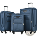 Set of three navy blue hard-shell expandable spinner suitcases with black accents and silver zippers