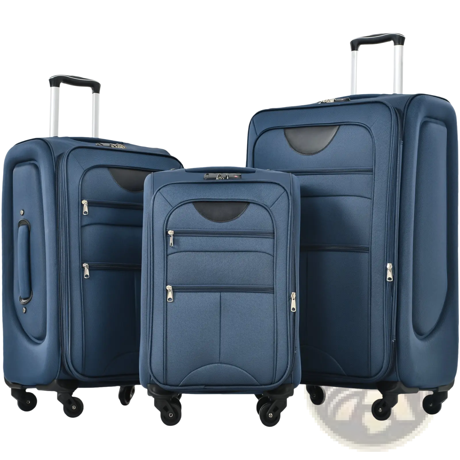 Set of three navy blue hard-shell expandable spinner suitcases with black accents and silver zippers