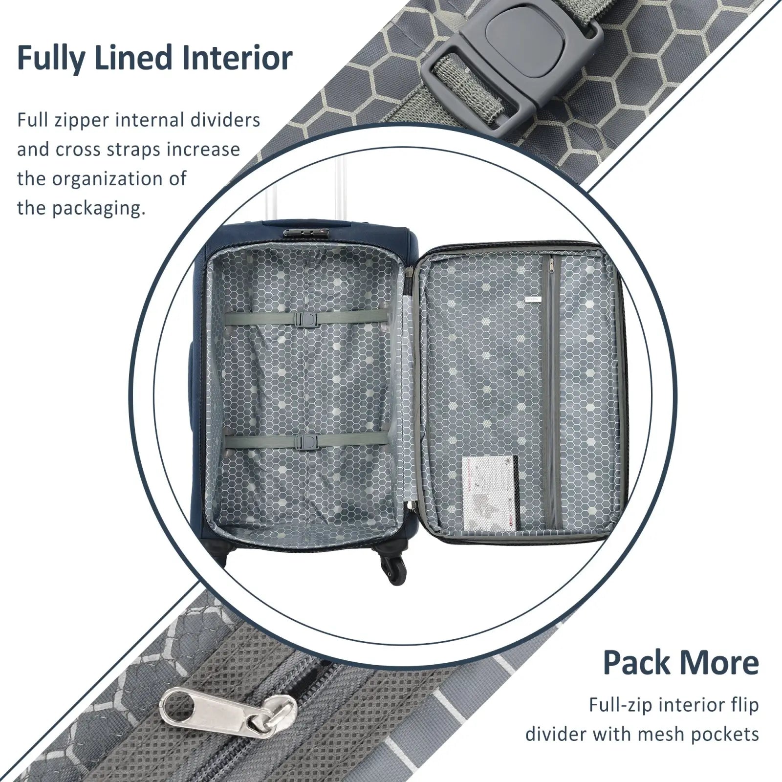 Navy blue hard-shell suitcase from softside expandable 3 piece spinner luggage set with gray hexagonal interior lining and adjustable straps