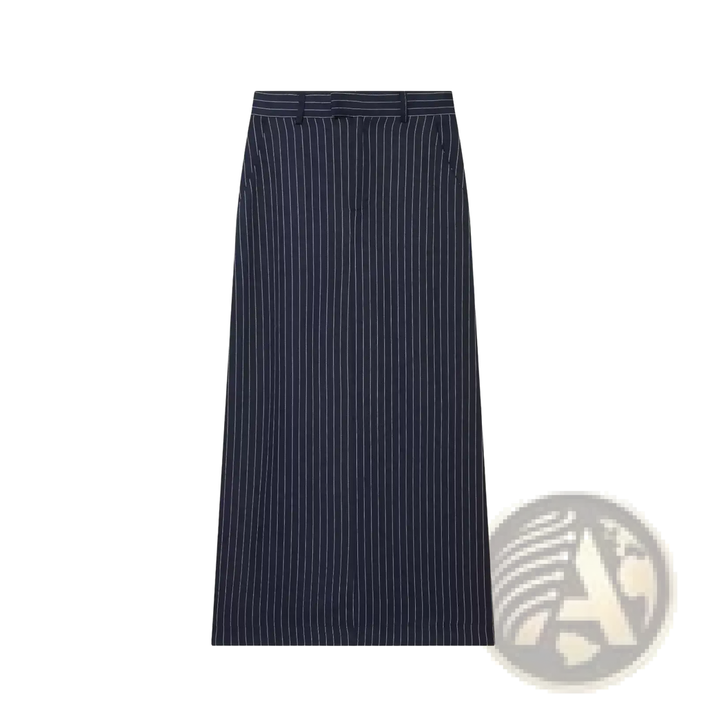 Navy blue pinstripe midi skirt with thin white vertical stripes and a tailored waistband for a high waist fit