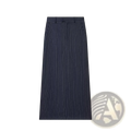Navy blue pinstripe midi skirt with thin white vertical stripes and a tailored waistband for a high waist fit