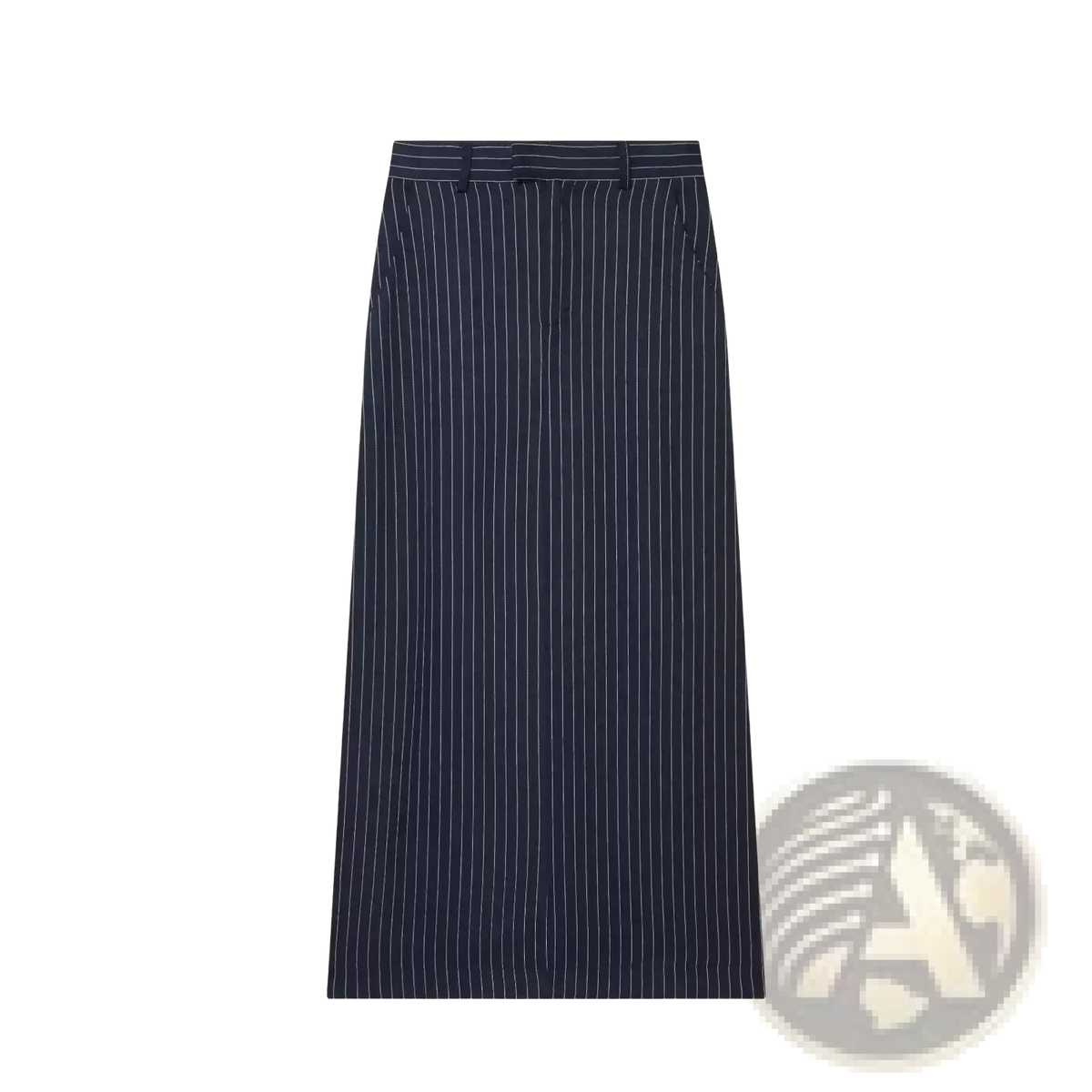 Navy blue pinstripe midi skirt with thin white vertical stripes and a tailored waistband for a high waist fit