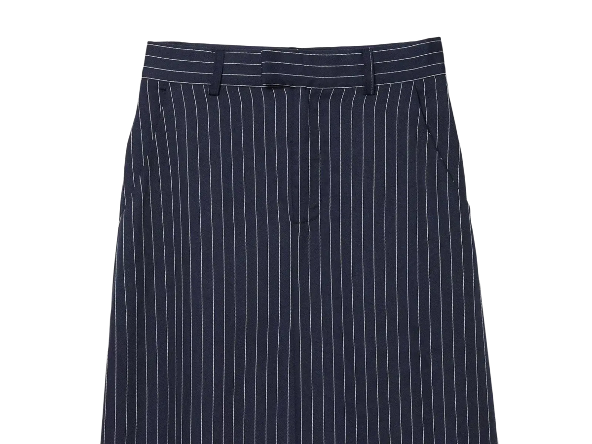 Navy blue striped high waist maxi skirt with white vertical pinstripes and matching belt in formal fabric