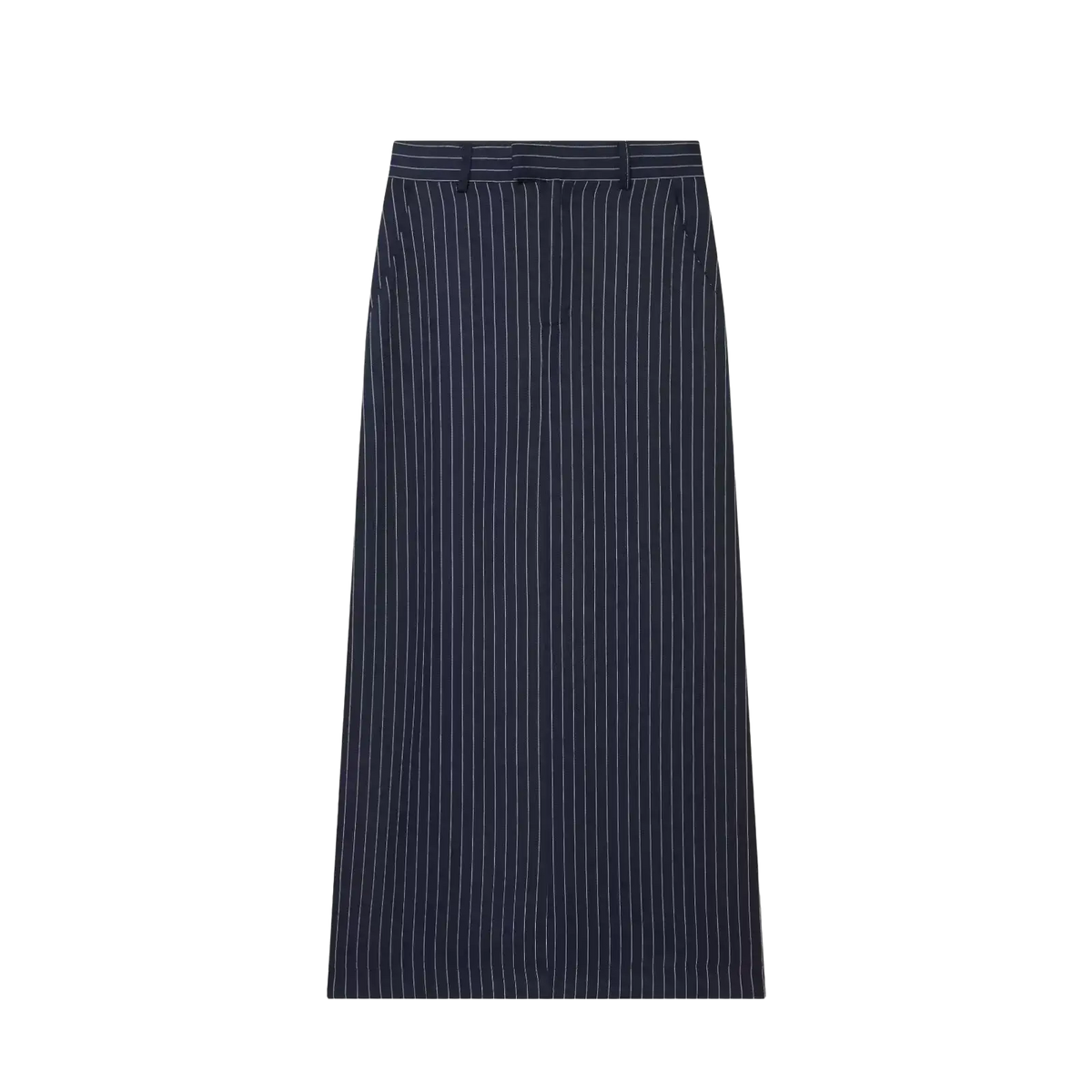 Navy blue pinstripe midi skirt with thin white vertical stripes and a tailored waistband for a high waist fit