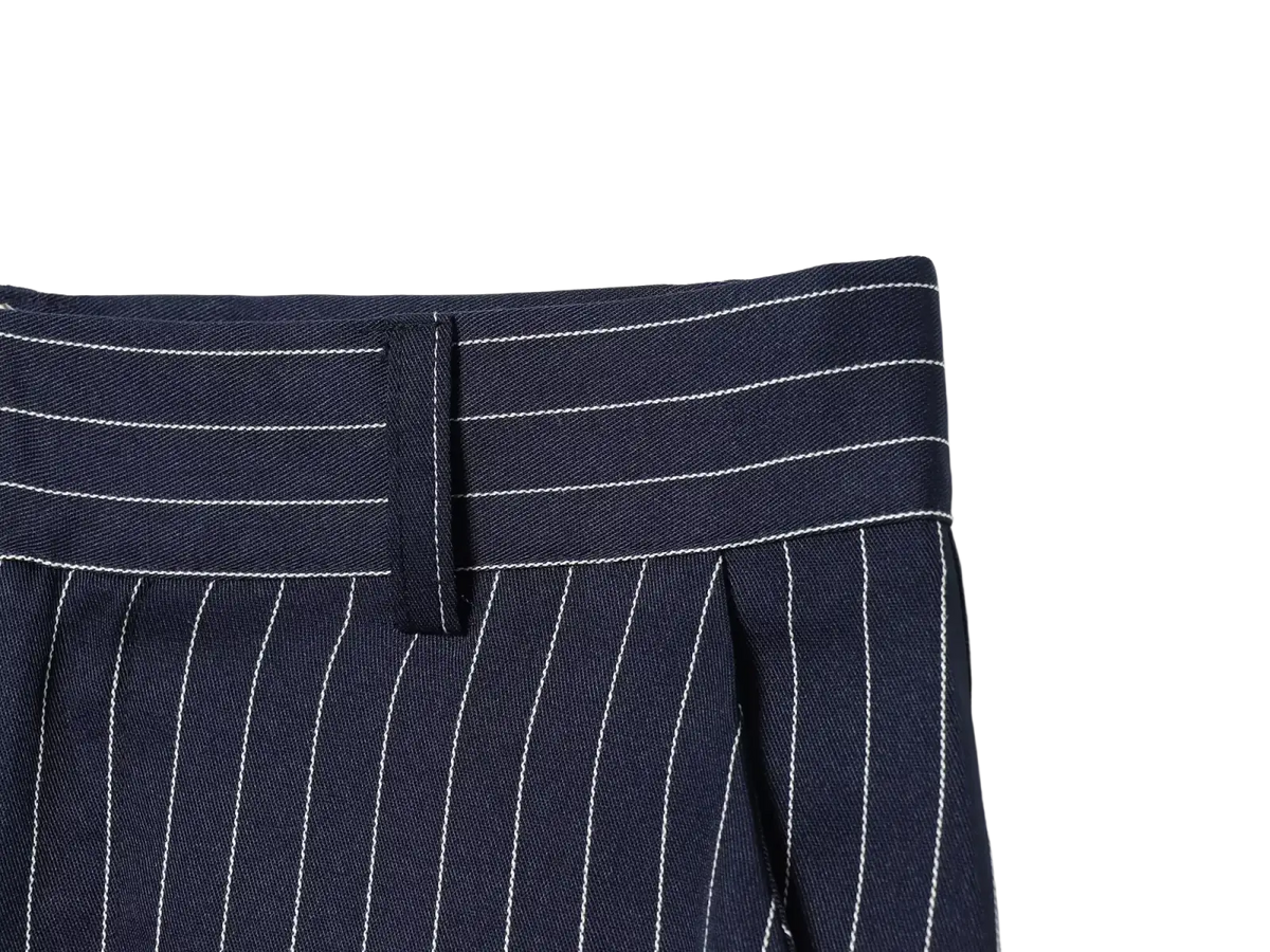 Navy blue striped high waist maxi skirt with white pinstripe pattern and matching belt loop in fabric detail