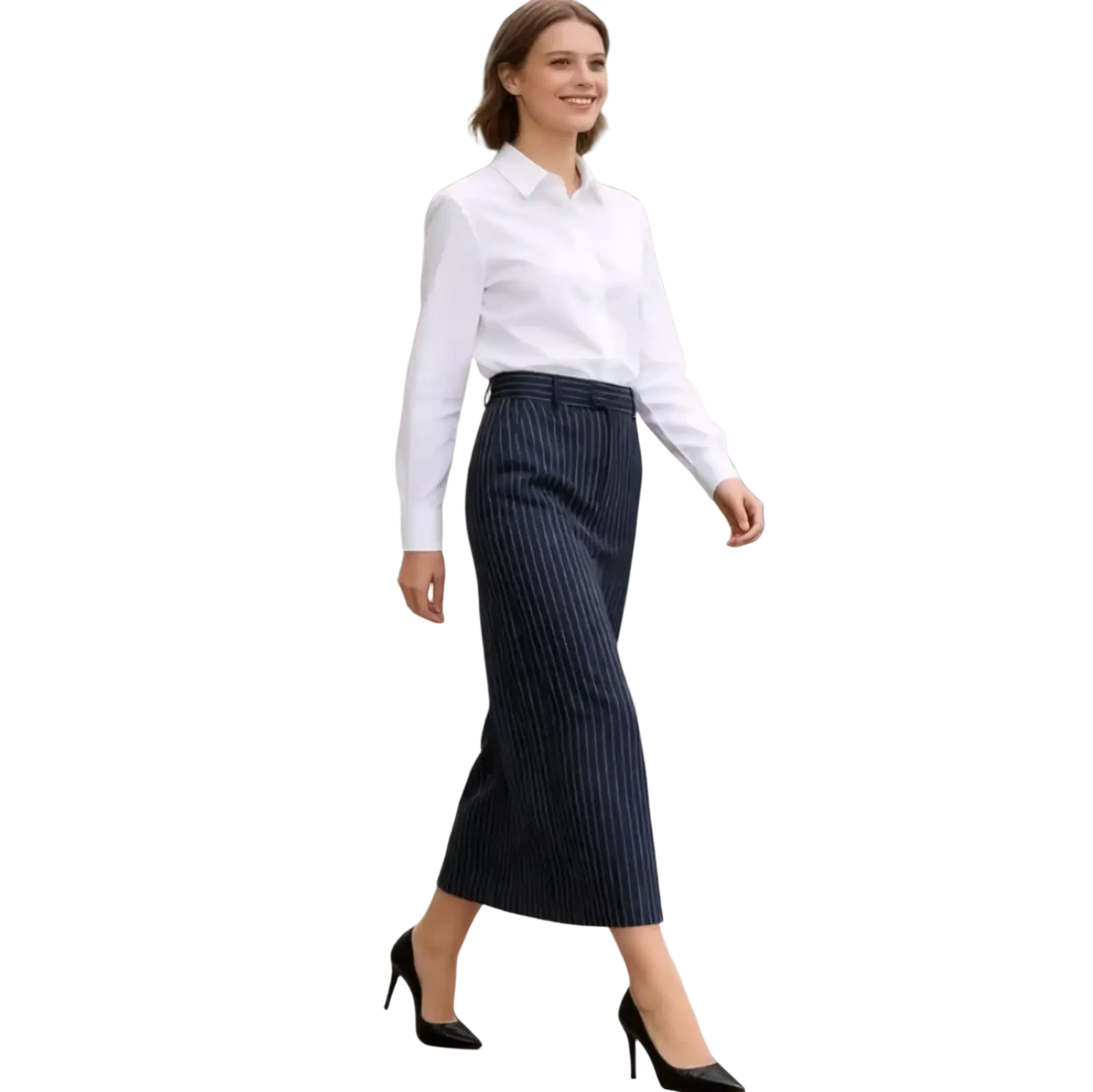 A navy blue pinstripe high waist midi skirt with a straight cut for elegant and professional wear