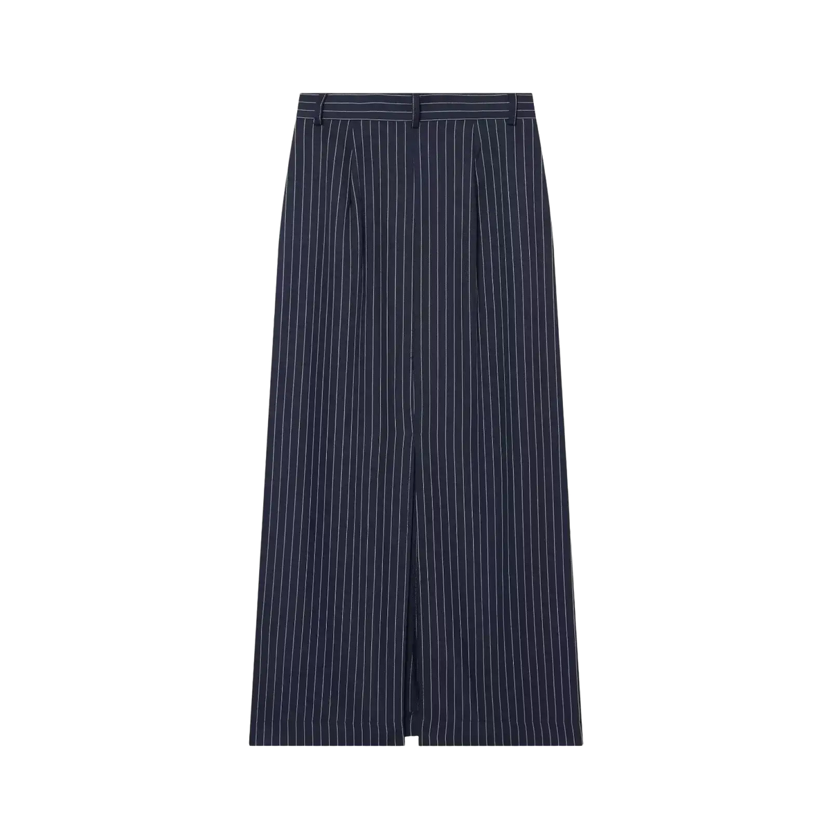 Navy blue pinstripe high waist wide-leg trousers with front slit designed as an alternative to a maxi skirt