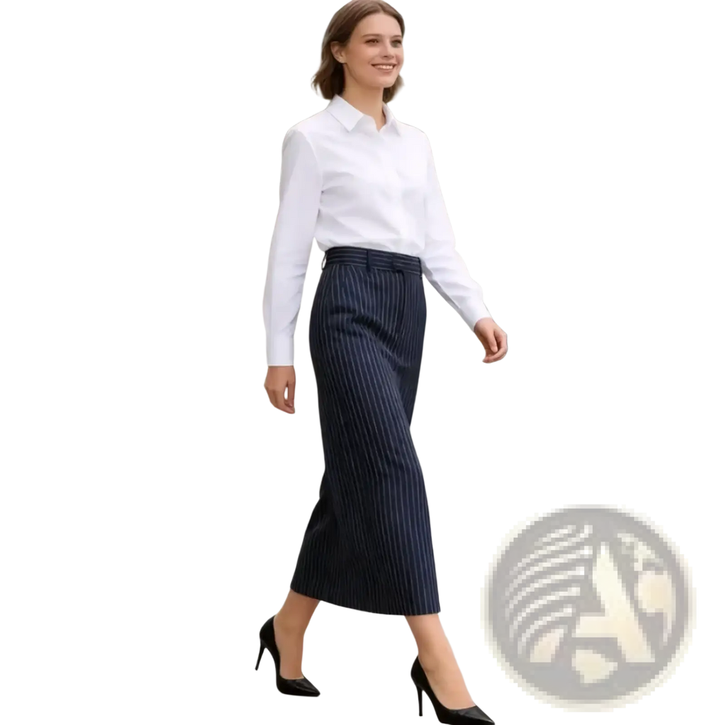 A navy blue pinstripe high waist midi skirt with a straight cut for elegant and professional wear