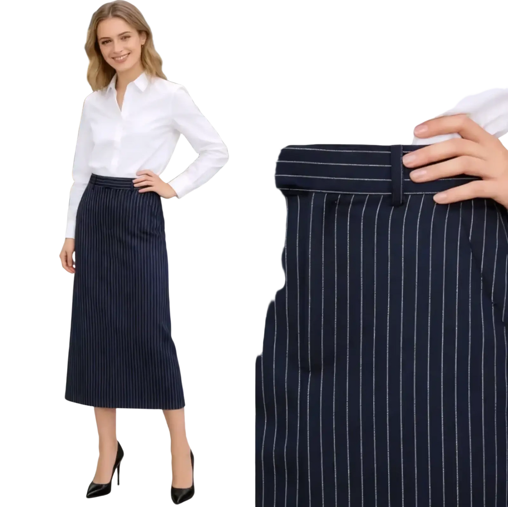 Navy blue high waist midi skirt with white vertical pinstripes and matching belt in lightweight fabric