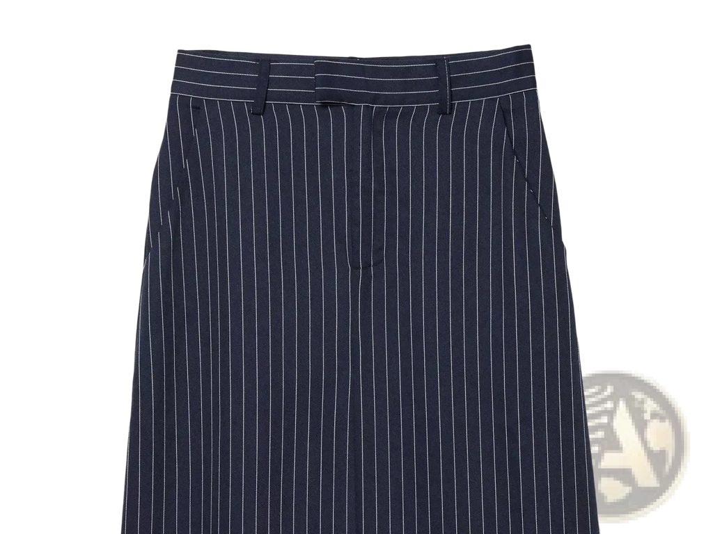 Navy blue striped high waist maxi skirt with white vertical pinstripes and matching belt in formal fabric