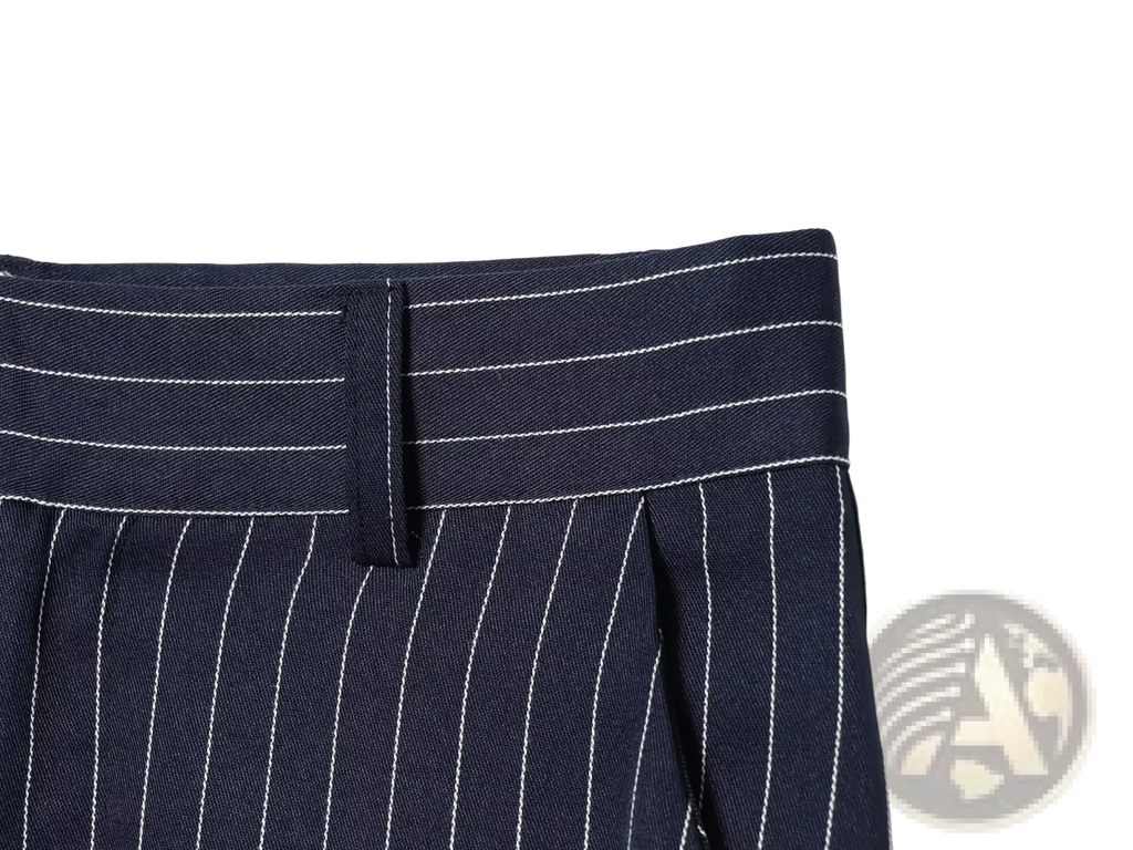 Navy blue striped high waist maxi skirt with white pinstripe pattern and matching belt loop in fabric detail