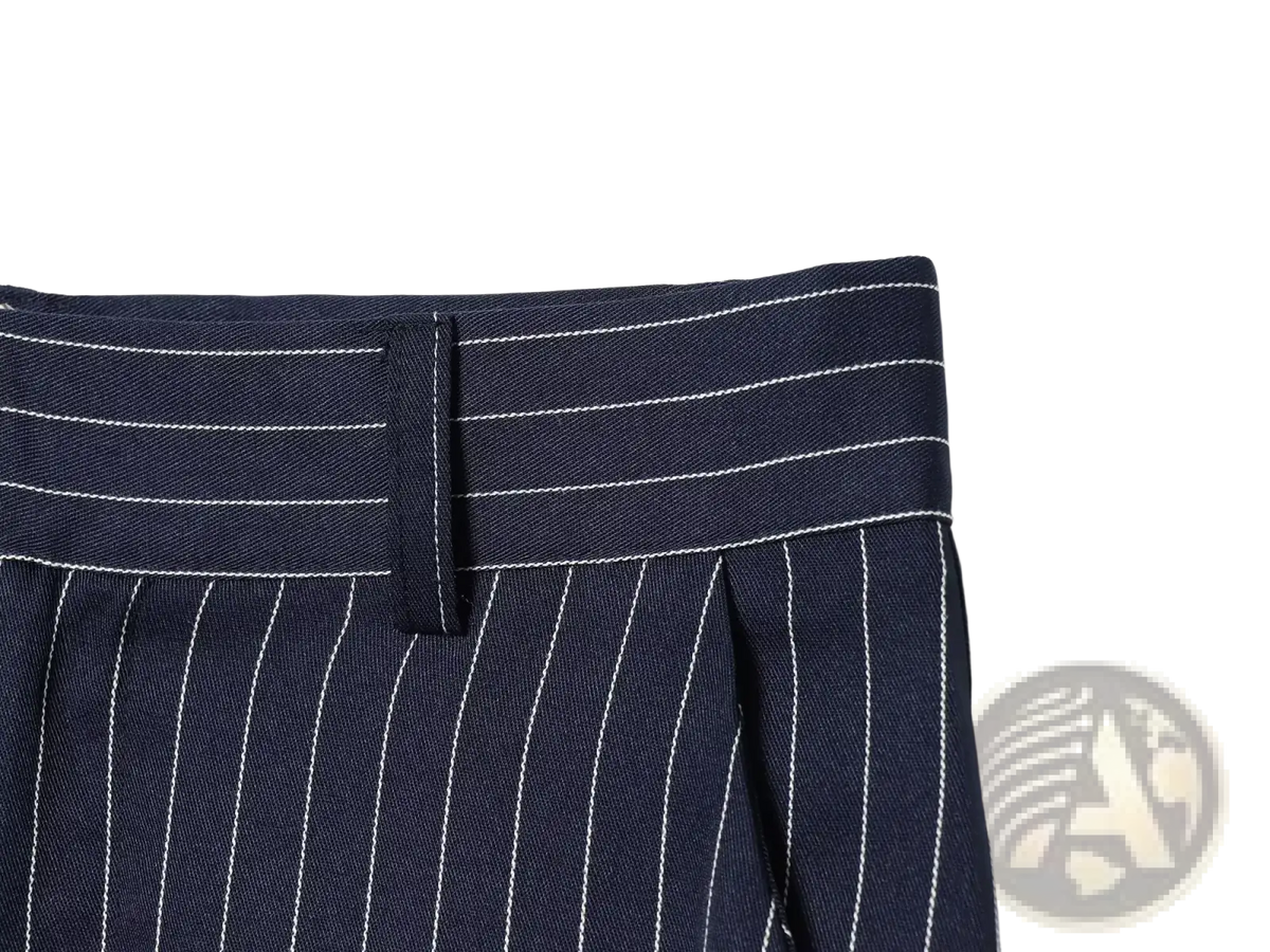 Navy blue striped high waist maxi skirt with white pinstripe pattern and matching belt loop in fabric detail