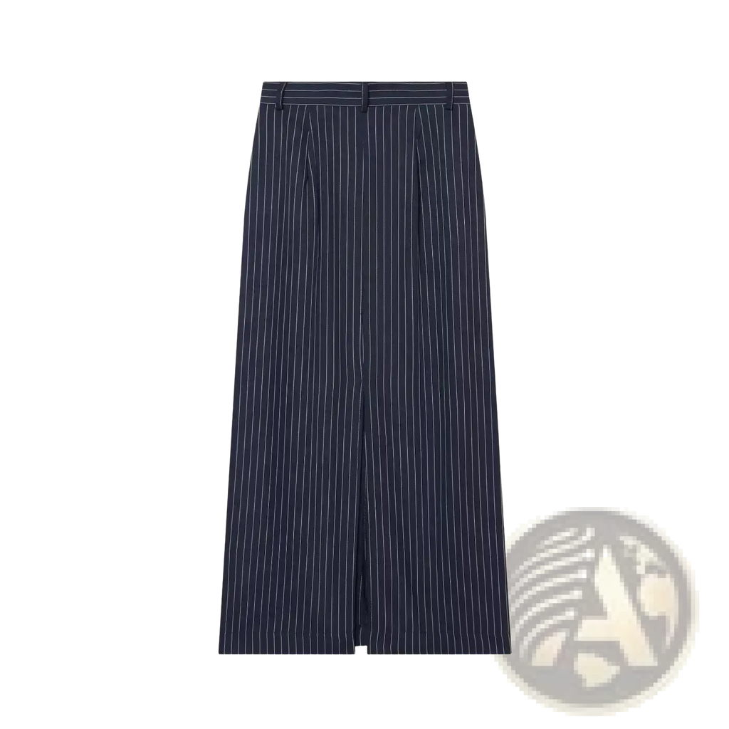 Navy blue pinstripe high waist wide-leg trousers with front slit designed as an alternative to a maxi skirt