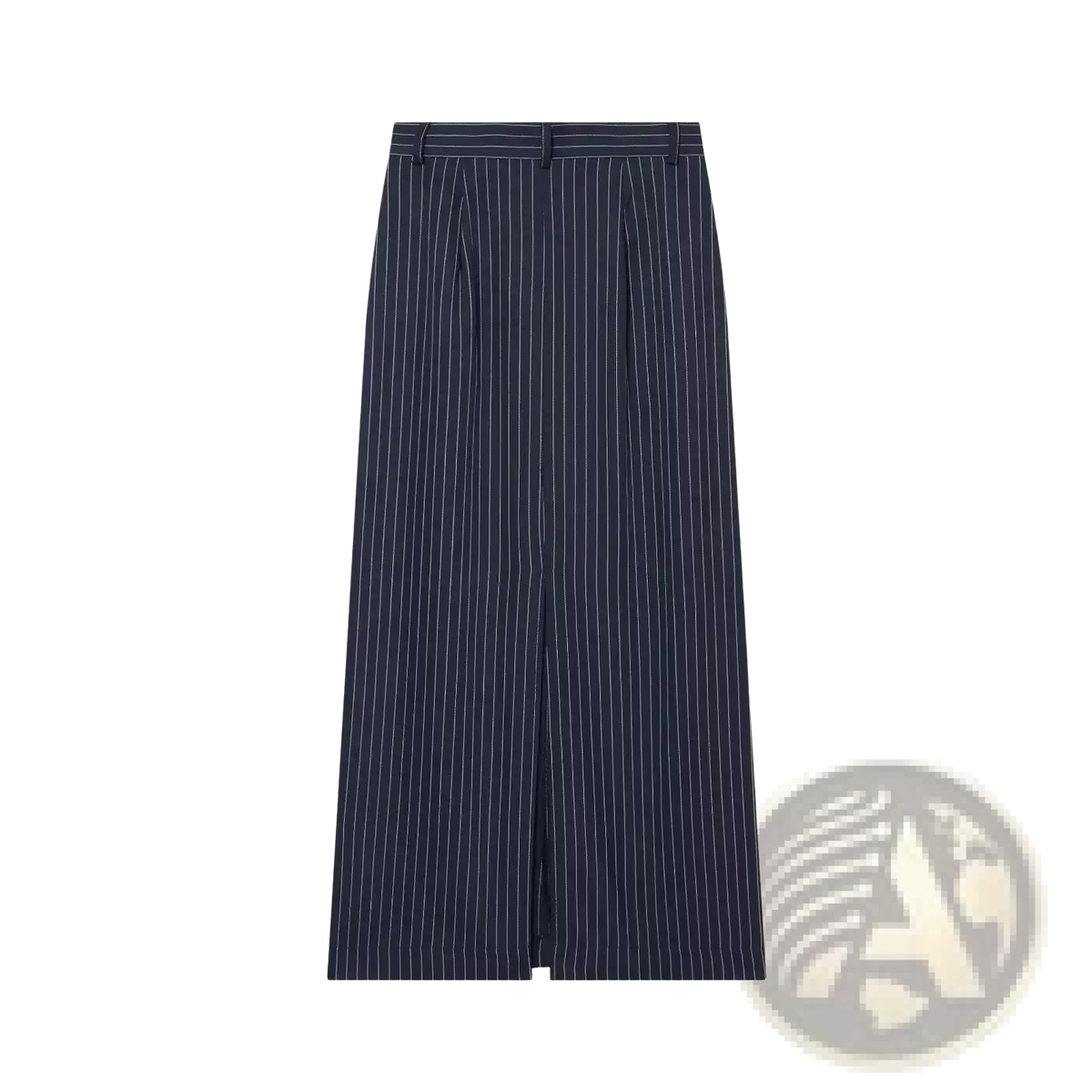 Navy blue pinstripe high waist wide-leg trousers with front slit designed as an alternative to a maxi skirt