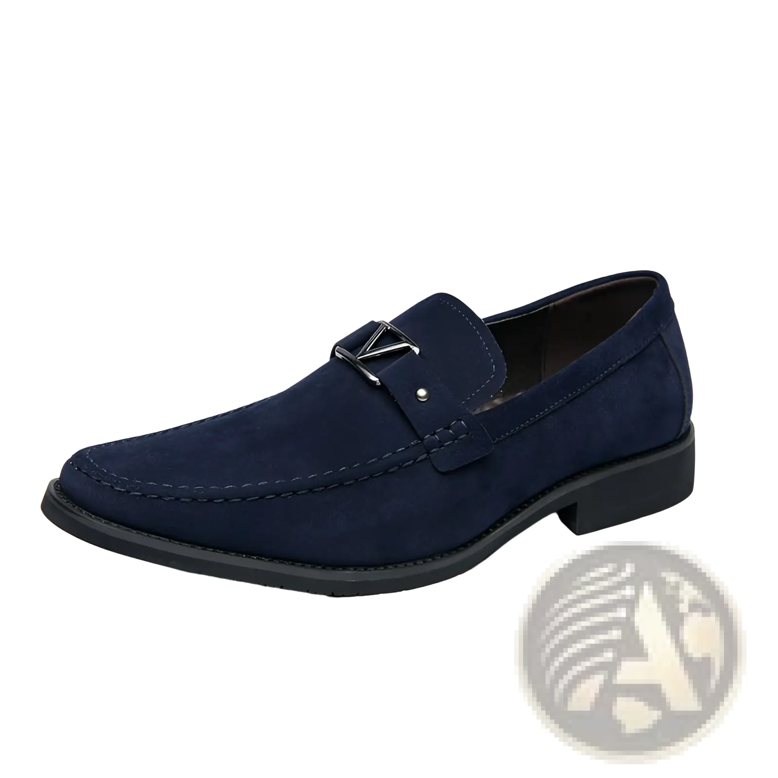 Navy blue suede loafers with a silver-tone triangular buckle and non slip rubber soles for secure wear
