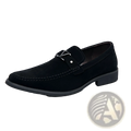 Black suede loafer with silver triangular buckle and stitched detailing featuring non slip rubber sole