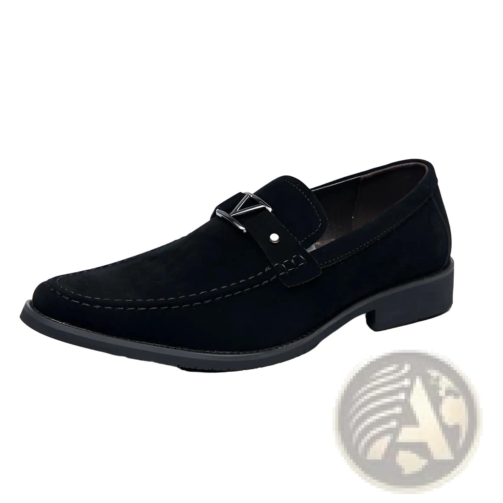 Black suede loafer with silver triangular buckle and stitched detailing featuring non slip rubber sole
