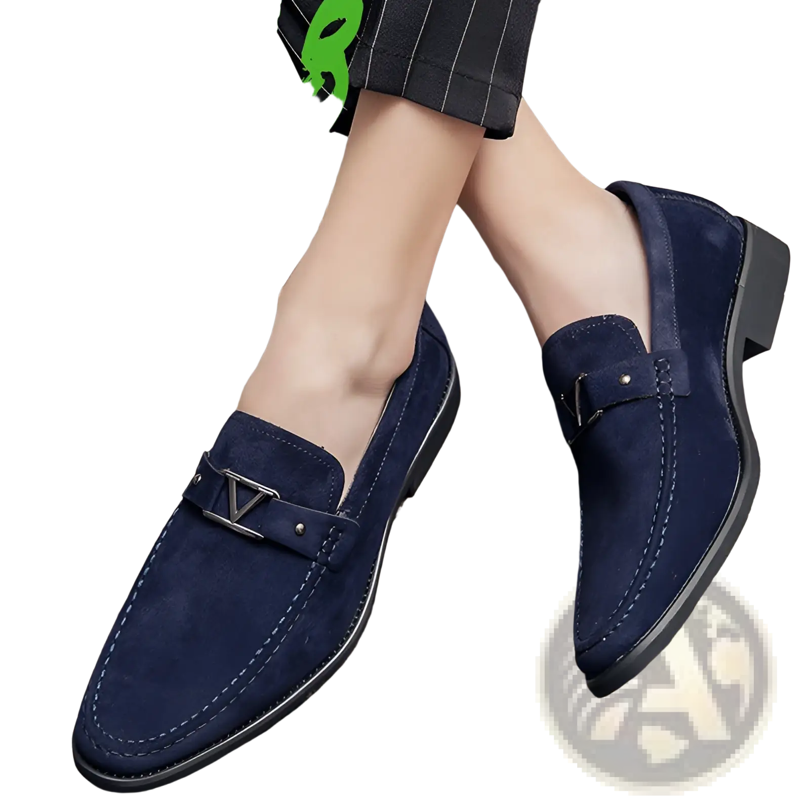 Navy blue suede loafers with metallic v-shaped buckle and non slip black rubber soles shown from the back side