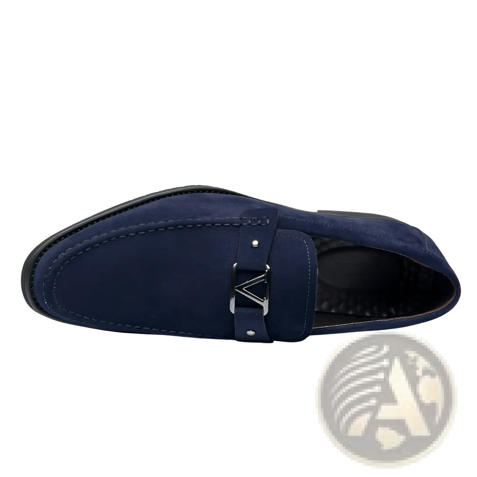 Navy blue suede buckle loafers with a silver triangular buckle and non slip rubber soles shown from the back side