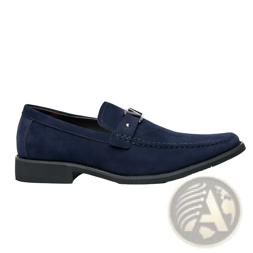 Navy blue suede buckle loafers with silver-toned buckle and non slip black rubber soles front view