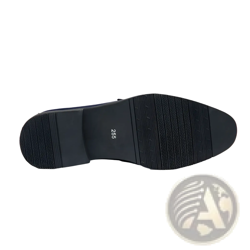 Black leather men’s dress shoe with a textured rubber sole and size 25.5 marked on the heel.