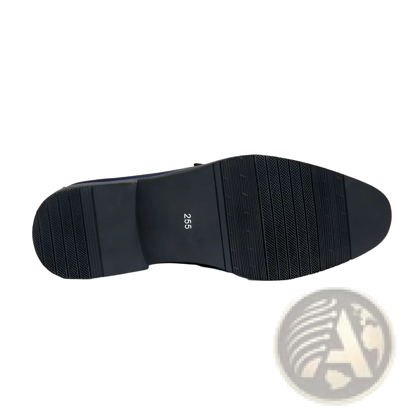 Black leather men’s dress shoe with a textured rubber sole and size 25.5 marked on the heel.