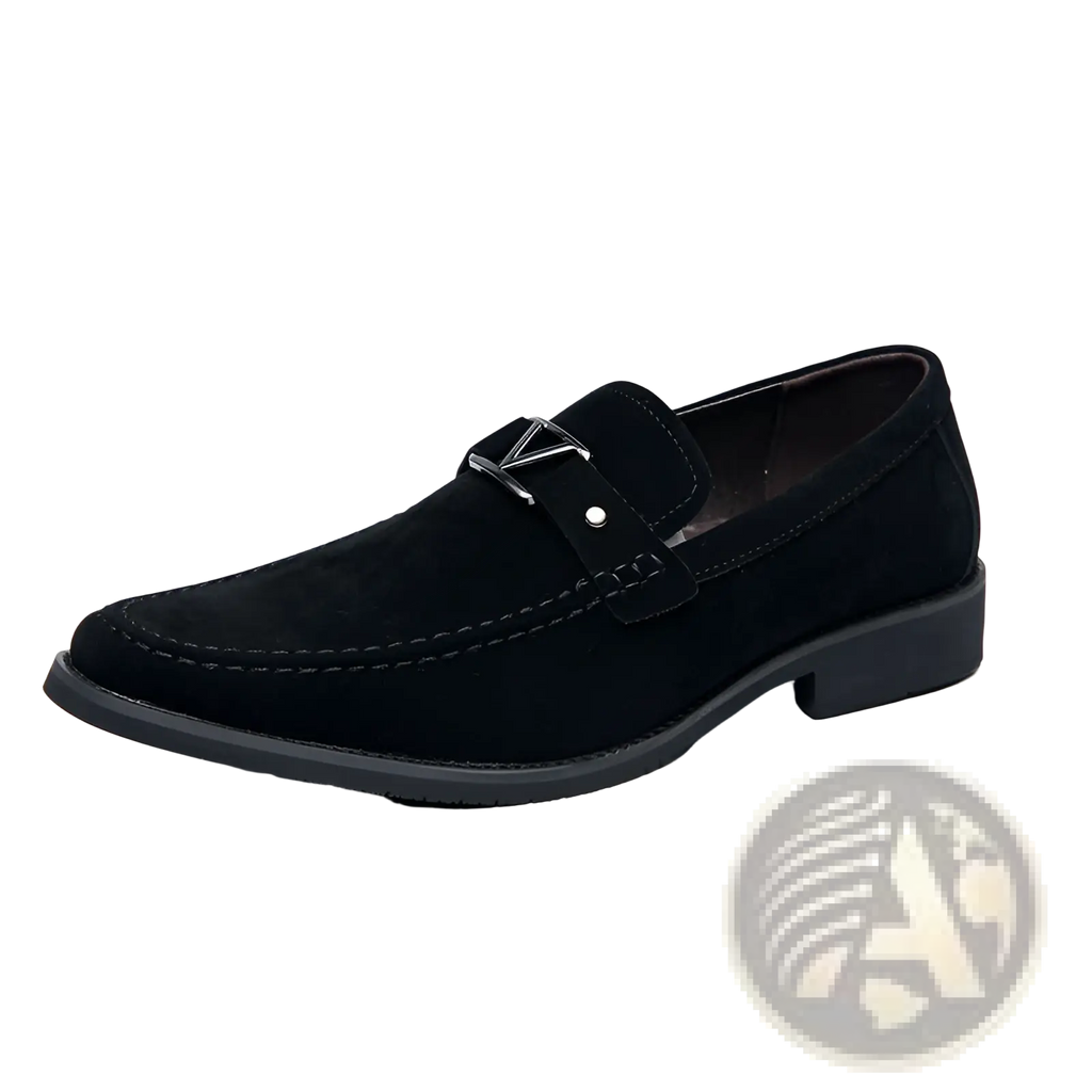 Black suede loafers with silver triangular buckle and stitched detailing featuring non slip rubber soles